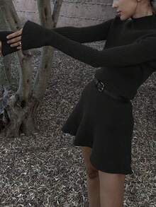 秋季时尚女装棕色短款高领针织立领喇叭下摆连衣裙 - 黑色 - 查看 4