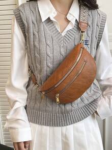 Women's Velvet Fanny Pack Chest Bag With Zipper, Wide Strap, Large Capacity Saddle Bag, Versatile Crossbody Bag