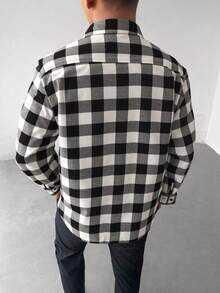 Men's Casual Patchwork Plaid Long Sleeve Shirt, Christmas Gift - Black and White - View 7