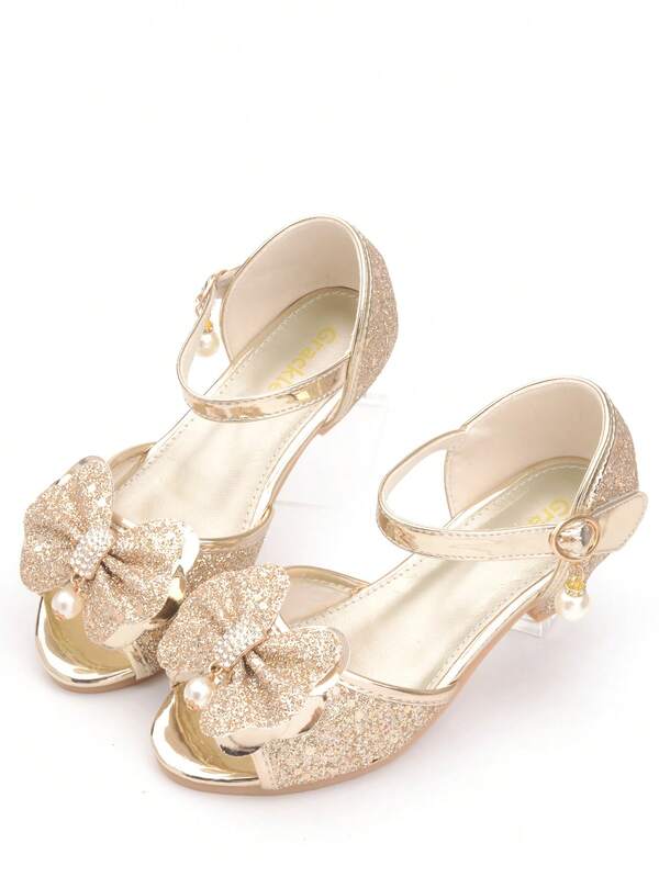 Girls' Princess Shoes With Glittery Bow, Children's Crystal High Heel Sandals, New Summer Style In Gold