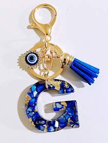 26pcs Bohemian Style Gemstone Blue Resin Letter Keychains, Bag Charms With Evil Eye And Tassel Decor, Holiday/Birthday Party Favors Christmas Gift Car Accessories Teacher Friend Sister Gift Ideas - Royal Blue - View 19