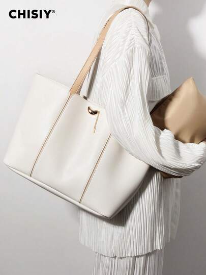 CHISIY 2pcs Handmade Vintage French Coin Strap Patchwork Faux Leather Tote Bag, Minimalist Design, Spacious, Suitable For Business, Casual, Dating, Commuting, Shopping, Travel, All Seasons