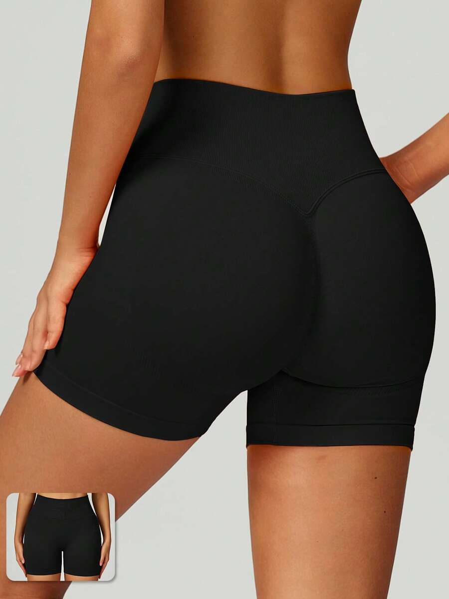 MASKERT 塑身高品质女士健身短裤瑜伽裤跑步运动裤高弹力运动裤 - 黑色 - 查看 1
