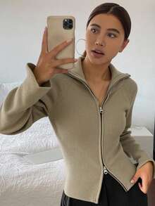 Livesso Chaqueta casual con cremallera y cuello alto de unicolor para mujer, ropa de otoño - Albaricoque - Ver 5