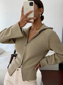 Livesso Chaqueta casual con cremallera y cuello alto de unicolor para mujer, ropa de otoño - Albaricoque - Ver 2