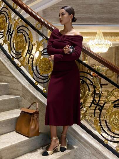 Livesso 情人节纯色露肩蝴蝶结针织中长款毛衣连衣裙，秋季加绒内衬舞会礼服，圣诞节长款连衣裙