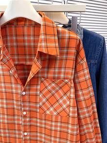 New Dopamine Orange Plaid Casual Long Sleeve Shirt