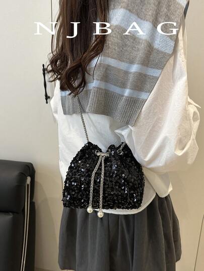 Mini Bucket Bag With Sparkling Sequins, Drawstring Closure, Shoulder Bag For Parties And Casual Events, Simple Style Convertible To Shoulder Bag, Crossbody Bag, Or Backpack