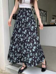 Woven Maxi Skirt, Bohemian Style, A-Line Silhouette, Ruffle Hem, Printed Pattern Vacation - Black - View 2