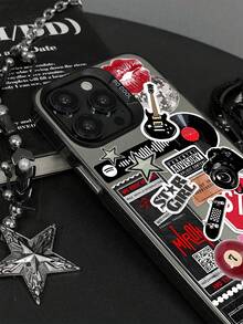 1个贴纸标签元素手机壳，插画风格，磨砂防摔摄像头保护壳，兼容 11、12、13、14、15、16 Pro Max、X、XS、XR、16E、15 Plus，Galaxy A03、A05、A05S、A12、A14、A15、A32 4G/5G、A35、A52/A52s 5G，OPPO A16、A17、A36、A57 4G、A58 4G、A60、A78 4G、A94、A95，Realme C21Y、C30、C35、C53、C67 4G，vivo Y02、Y02s、Y03、Y18 4G、Y17s、Y20、Y21 - 彩色 - 查看 4