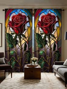 2pcs Elegant Black Rose & Colorful Glass Pattern Printed Curtains, High Definition Digital Printing, Rod Pocket Installation, 100% Polyester, 90g/Sqm, Suitable For All Seasons, Light Filtering, Privacy Protection, UV Blocking Decorative Curtains