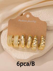 6-18pcs/Set New Asymmetrical CCB Gold Lightweight Earring Set, Textured C-Shape And Teardrop Designs, Versatile Everyday Wear For Women - Gold - View 8