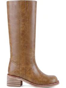 Women's Knee High Chunky Block Heel Square Toe Low Heel Boots, Style - Brown-a - View 6