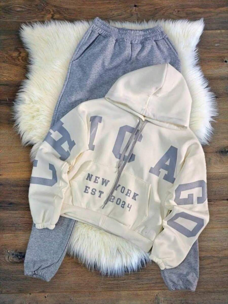 2 pack conjunto Sudadera hoodie con pantalon jogger pants mujer dama bolsillo canguro gorro capucha estampado grafico nombres de ciudades CHICAGO PARIS estilo americano juevnil moderno casual caliente frío uso diario | buena calidad | Textura Suave - Gris Claro - Ver 1