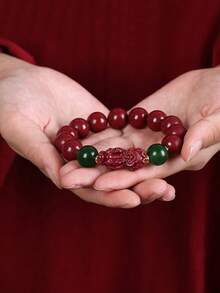 1 件红朱砂珠风水貔貅手链男女时尚弹性手链（6 毫米-12 毫米）