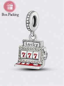 1 件镀银串珠，女士幸运 777 游戏机形状，闪亮方晶锆石，适合原创手链 DIY 制作，日常派对购物