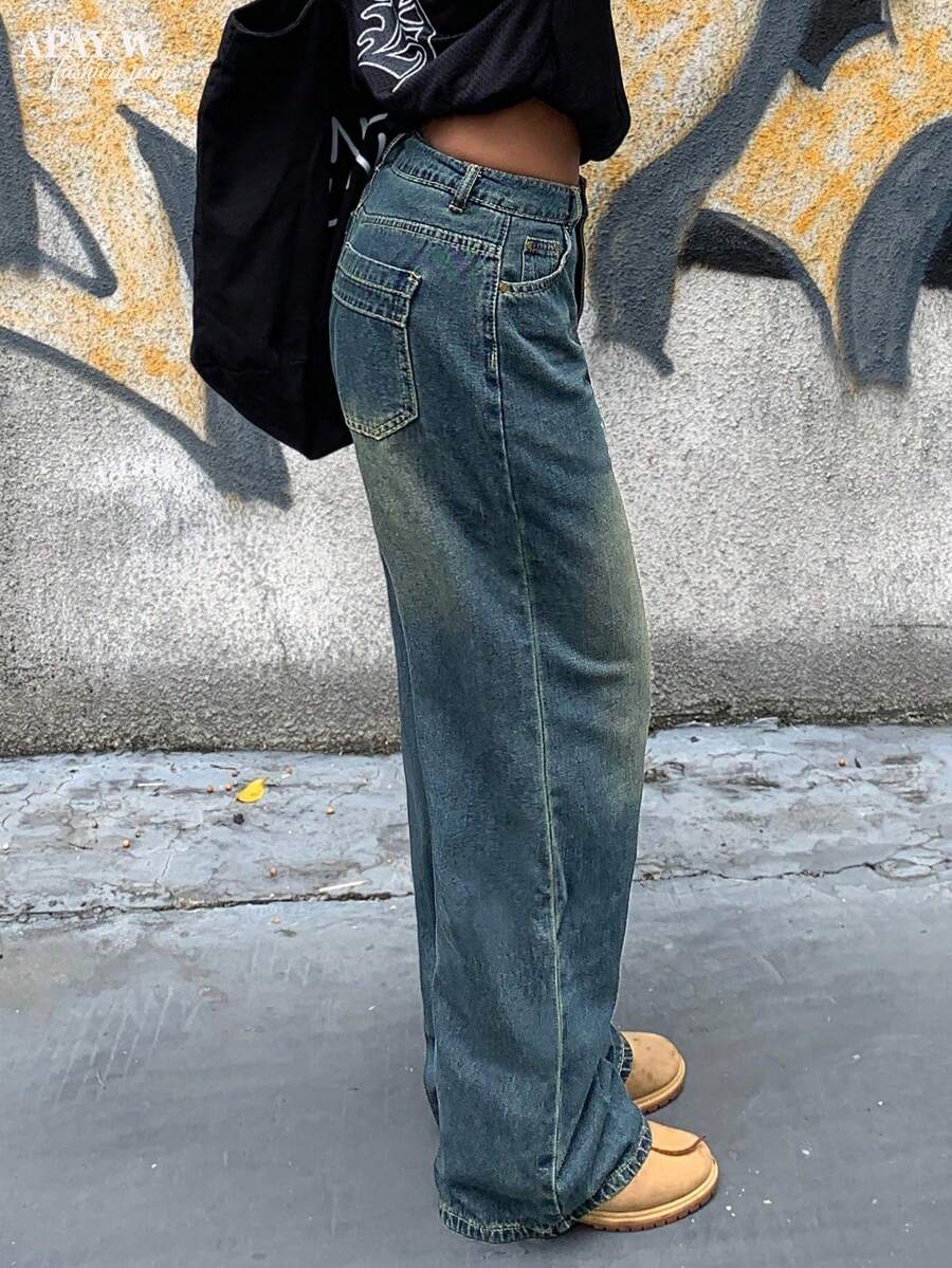 Women's Relaxed Fit Wide Leg Jeans - Nostalgic Color - View 1