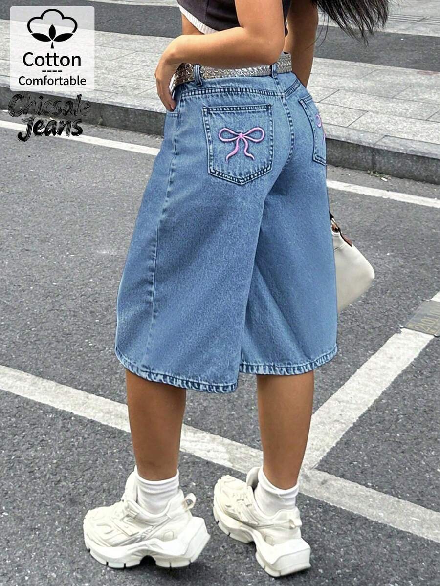 Jeans a vita alta, a gamba larga e a sette punti, con tasche con ricamo a farfalla, stile Y2K, per donne
