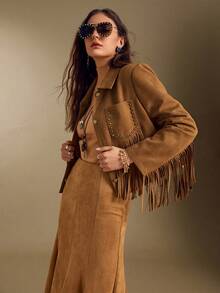 Simplee Women's Autumn/Winter New Urban Fashion Brown Faux Suede Jacket, Front Button Pockets With Rivet And Fringe Decoration, Suitable For Streetwear, Vacation, And Party Wear - Brown - View 3