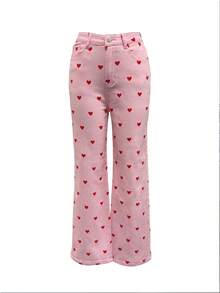 Pantalones de estilo europeo y americano, con elástico, ajustados, con patrón de corazón y piernas estrechas, para niñas