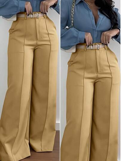 Plus Size Solid Color Pocket Office Commute Elegant Versatile Pants, No Belt