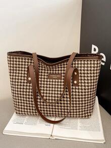 复古千鸟格托特包2025新款设计，大容量高品质手提包，女士通勤单肩包 - 棕色 - 查看 11