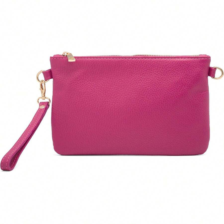 Pochette Donna con Tracolla Borsa Clutch Donna Elegante in Pelle Morbida Made in Italy Borsa da Polso Modello Mya - Fuxia - Visualizzare 1