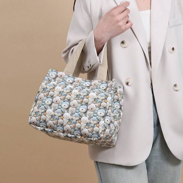 Bolsa de almuerzo con asa de mujer con diseño de animal de dibujos animados, bolsa de bento de lona japonesa compacta, bolsa de almacenamiento con asa, bolsa de picnic y viaje