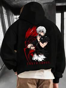 Anime Hoodie - Black & Gray Japanese Manga Graphic Pullover With Red Accent Print, Durable Polyester Blend, Regular Fit Long Sleeve Sweatshirt For Casual Casual Attire, All-Season Comfort & Easy Care Anime Apparel, Durable Material, Streetwear Style, Superhero Wash Design, Fantasy Cosplay Enthusiasts, Street Fashion Enthusiasts, Clothing - 2XL - 查看 12