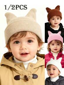 1/2 piezas Gorro de punto con cuernos dobles de dibujos animados lindos y cálidos para niños/bebés, gorro de punto versátil