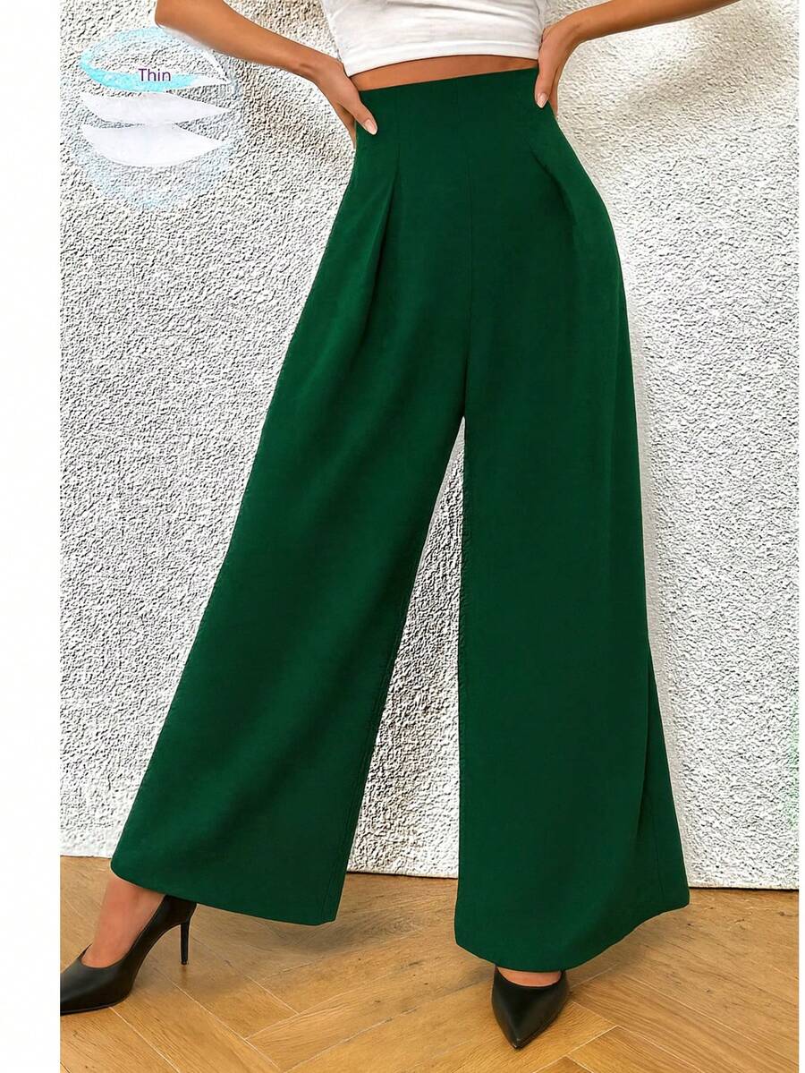 Pantalones de Pierna Ancha y de Cintura Alta - Verde Oscuro - Ver 1