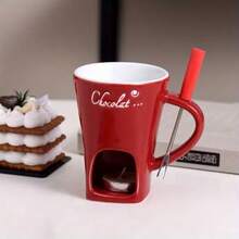 1 set Tasse à café en céramique, pot à faire fondre le chocolat avec fourchette pour cuisine et salle à manger, tasse réchauffe-fromage et set de fusion du chocolat - convient pour mariage en extérieur, fête, cadeau d'anniversaire