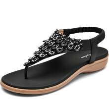 LITTLEPLUM Sandalias planas elegantes y cómodas de soporte de arco para mujeres, elásticas con punta abierta para caminar en verano - Negro - Ver 6