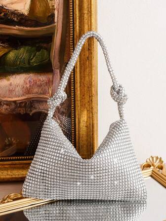 Silver Handbag With Rhinestone Decor, Elegant Clutch Bag For Banquet, Party, Wedding, Suitable For Lipstick, Phone, Versatile Fashion Accessory For Women