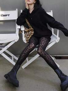 1pair 50D Leopard Print Tights Women Sexy Lingerie Ladies Pantyhose Shaping Leggings Suitable For All Seasons Women Stocking - 黑色 - 查看 2