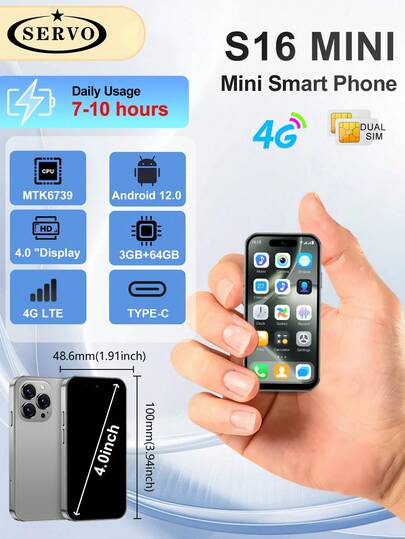 SERVO Android Smartphone 3GB+64GB Dual SIM Card 4G LTE Network The World's Smallest Cellphone 4.0-Inch Display Screen GPS WIFI 500W+200W Dual Camera Super Cute Smart Phone