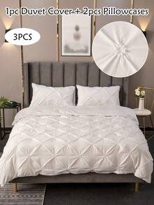 Bộ 3 vỏ chăn polyester xếp ly màu trắng, Bộ đồ giường sang trọng hiện đại cho mọi mùa, Trang trí phòng ngủ, Vỏ chăn sang trọng cho phòng khách, Mềm mại & thoáng khí (1 chăn + 2 vỏ gối, Không có ruột) - trắng - Xem 1