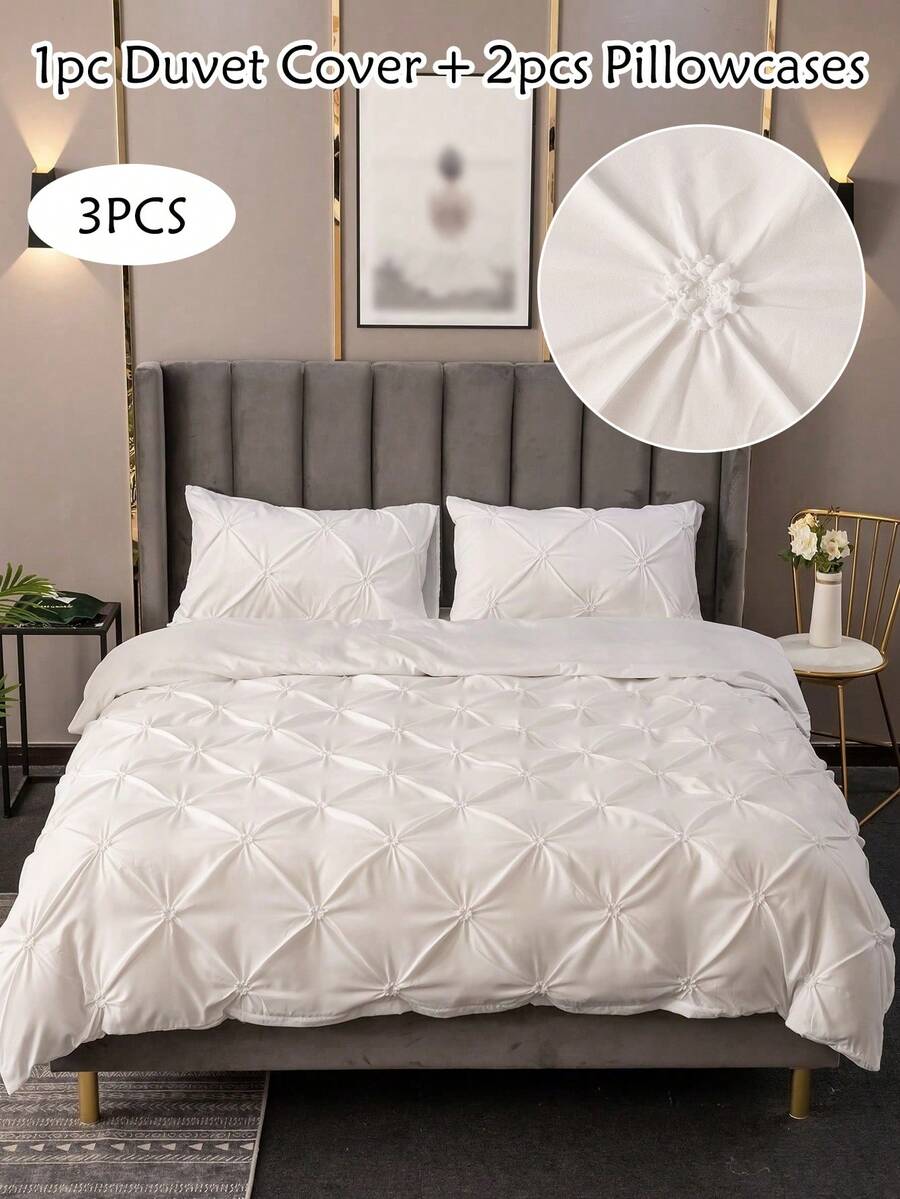 Bộ 3 vỏ chăn polyester xếp ly màu trắng, Bộ đồ giường sang trọng hiện đại cho mọi mùa, Trang trí phòng ngủ, Vỏ chăn sang trọng cho phòng khách, Mềm mại & thoáng khí (1 chăn + 2 vỏ gối, Không có ruột) - trắng - Xem 1
