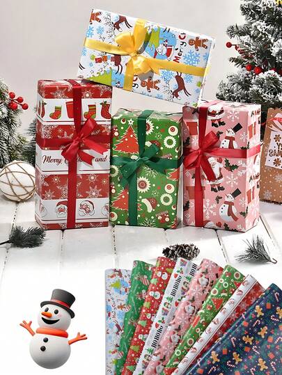 8pcs-Christmas Wrapping Paper, Christmas Winter Wrapping PaperCartoon Themed, Reusable Wall Decor Stickers, Gift Boxing Paper For Presents, Friends' Gifts, Festive Holiday Packaging, Durable Paper Material, Christmas Tree & Reindeer Design,Christmas Decoration,Paper Holiday DIY Crafts Gift Wrapping