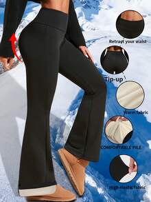 1件秋冬瑜伽裤，保暖内衬，高腰，修身，休闲瑜伽运动喇叭裤 - 黑色 - 查看 1