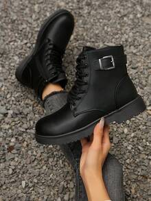 2024 Autumn/Winter New Lace-Up Flat Boots For Women,Go With Jeans, Warm Fuzzy Lining Versatile Thick Heel Increased Height Ankle Boots - Black - View 3