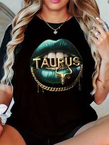 Women'S Taurus Zodiac Graphic Tee - Stylish Black Casual Round Neck T-Shirt With Golden Bull Head & Lips Design, Perfect For SpringSummer, Zodiac Shirts - màu đen - Xem 1