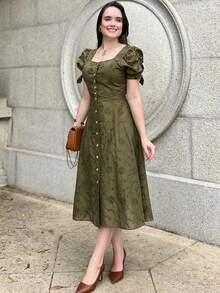 Women's Midi Dress, Casual, Elegant, Cotton, Daily - 軍綠色 - 查看 11