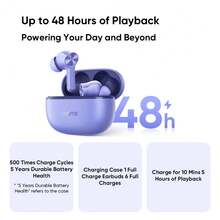 Realme Earbuds T200 Lite，真无线入耳式耳机，12.4 毫米动圈式驱动单元 TWS 耳塞，电池续航时间长达 48 小时，45 毫米延迟，2 个 ENC，蓝牙 5.4，Type-C - 紫色 - 查看 4