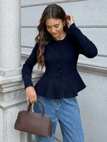 FOR BEAUTY Autumn And Winter Solid Color Round Neck Long Sleeve Waist Slimming Sweater Women's New Daily Casual Commuting Cardigan Fashionable Elegant Simple Coat Christmas Warm Sweater Top New Year