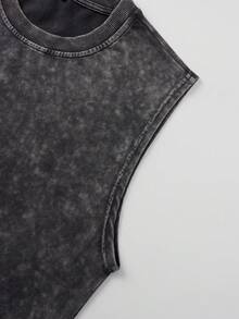 Shwiy 男士街头休闲水洗无袖上衣，复古拉面印花，修身卡通字母简约时尚休闲风 - 黑色 - 查看 4