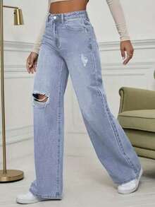 Pantalones vaqueros de pierna ancha con diseño de bolsillo desgastado de alta calidad y estilo casual - azul claro - Ver 5