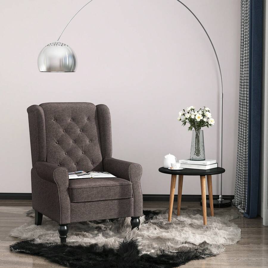 HOMCOM Fabric Accent Chair, Button Tufted Armchair, Upholstered Modern Living Room Chair, Wingback Chair With Wood Legs, Rolled Arms, Thick Padding For Bedroom, Brown - Brown - View 1