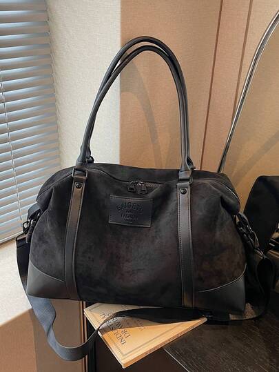 1pc Black Suede Tote Bag, Fashion Large Capacity Handbag, Casual Versatile Shoulder Bag, Crossbody Bag, Travel Gym Fitness Bag, Vintage College Style Backpack, Outdoor Camping Storage Bag Travel Bag Luggage Bag For Travel For Business For Vacation Holiday Portable Multifunction Travel Duffel Bag Unisex Weekender Bags