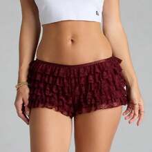 Women's Lace Sexy Short Shorts, Cake Pants Ruffle Bloomers Elastic Waist Layered Cake Shorts Lounge Mini Short Pants - 酒紅色 - 查看 2